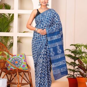 Indigo Blue & White Printed Cotton Saree