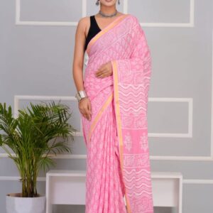 Charming Pink Hand-Block Print Cotton Saree