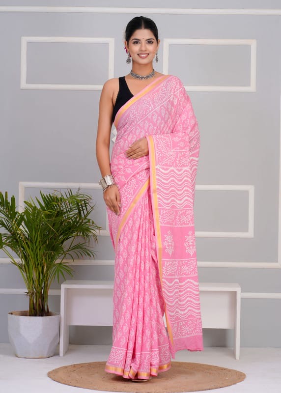 Charming Pink Hand-Block Print Cotton Saree