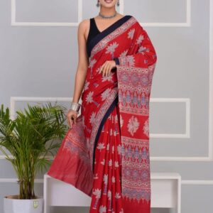 Red Soft Raw Cotton Saree