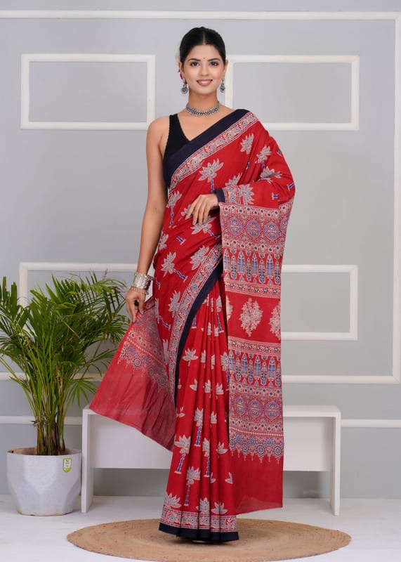 Red Soft Raw Cotton Saree